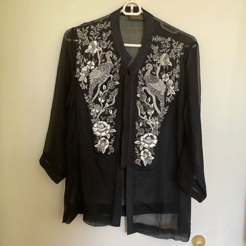 Stunning Black Chiffon Blouse with raw silk collar and silver embroidery